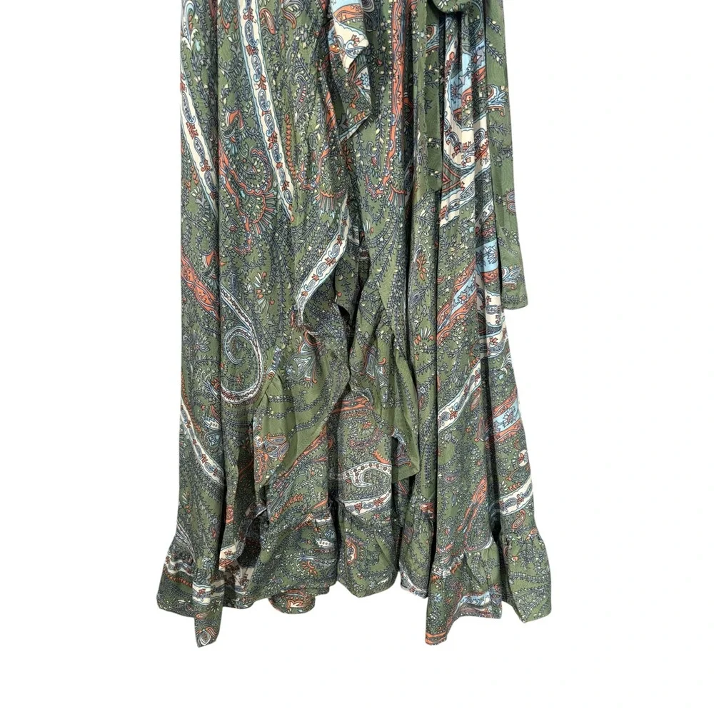 Perry Walker Silk Blend Paisley Print Wrap Maxi Ruffle Dress M Boho Coastal